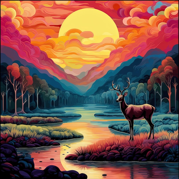 A painting of a deer in a forest with a sunset in the background