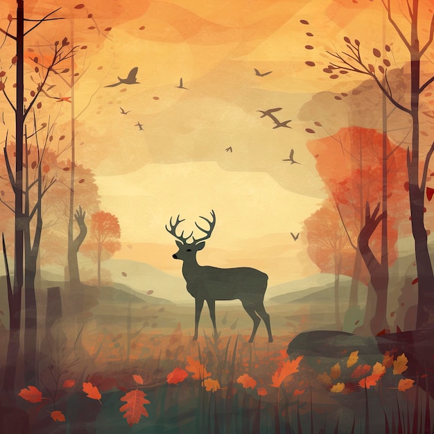 A painting of a deer in a forest with a sunset in the background