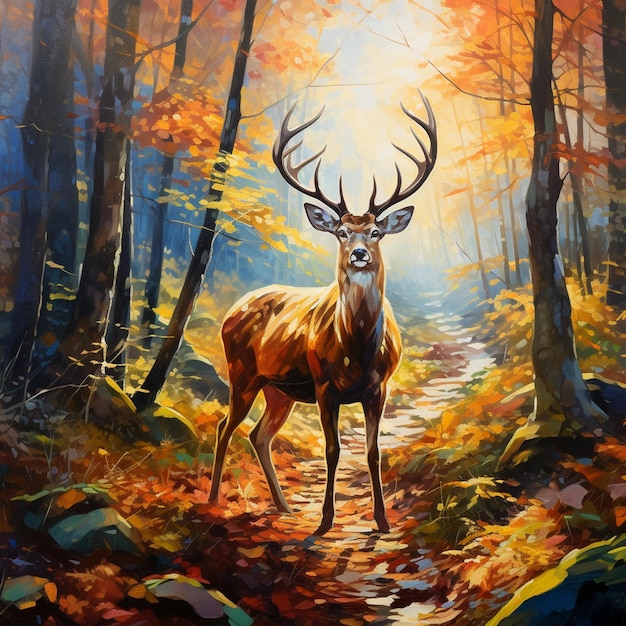 painting of a deer in a forest with a trail in the foreground generative ai