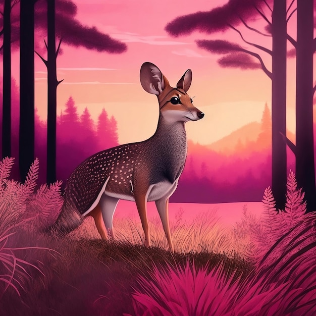 a painting of a deer in a forest with trees in the background