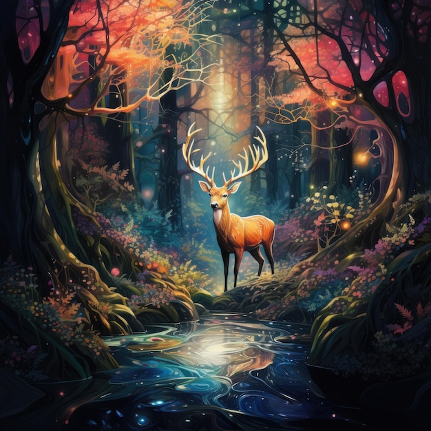 Картина оленя в волшебном лесу разноцветными огнями ночью