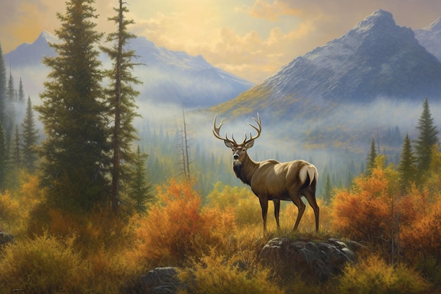 painting of a deer in a mountain landscape with trees and mountains generative ai