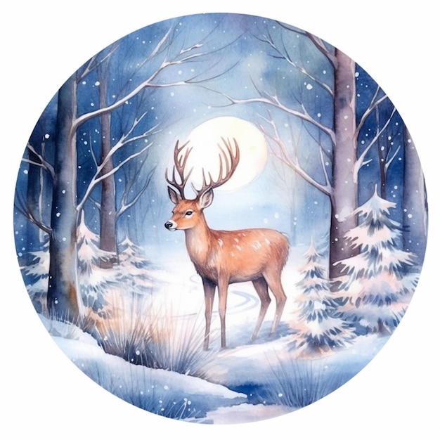 Painting of a deer in a snowy forest with a full moon generative ai