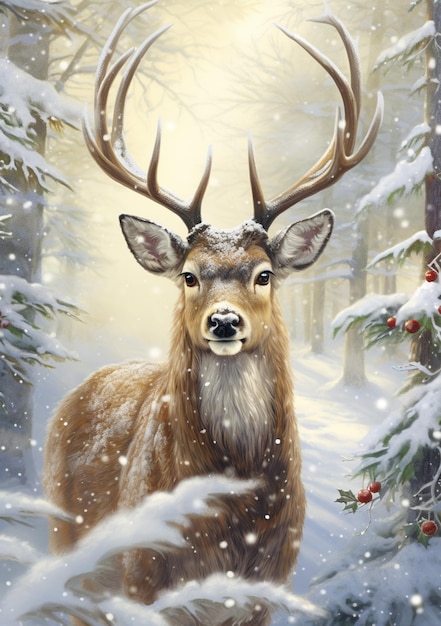 painting of a deer in a snowy forest with pine trees generative ai