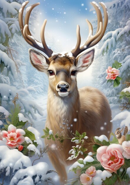 painting of a deer in a snowy forest with roses and snow generative ai