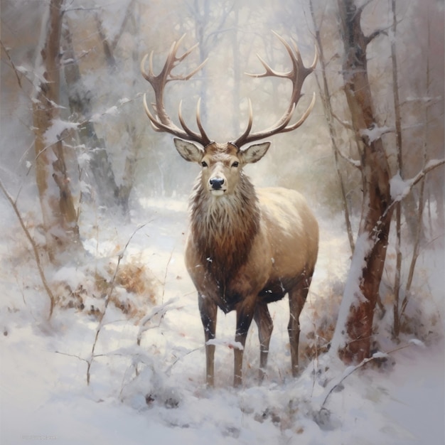 painting of a deer in a snowy forest with trees and snow generativ ai