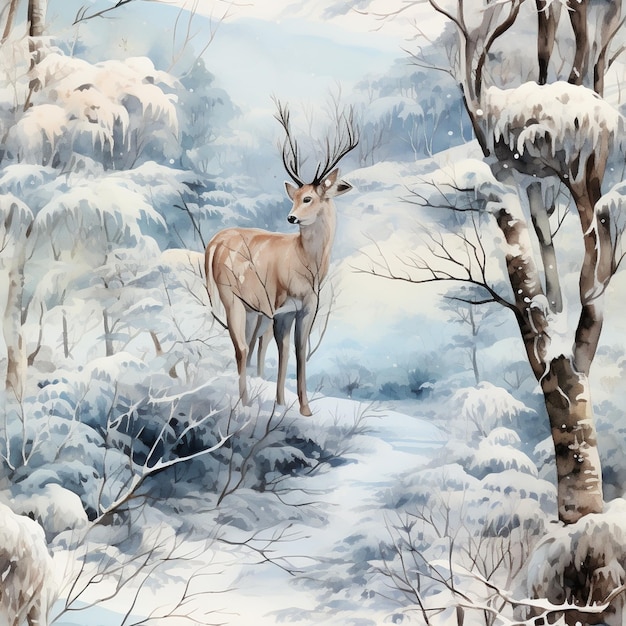 painting of a deer in a snowy forest with trees and snow generative ai