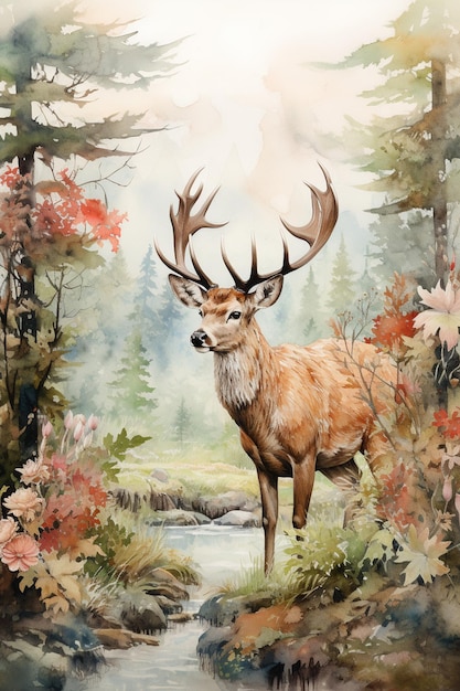 painting of a deer standing in a forest next to a stream generative ai