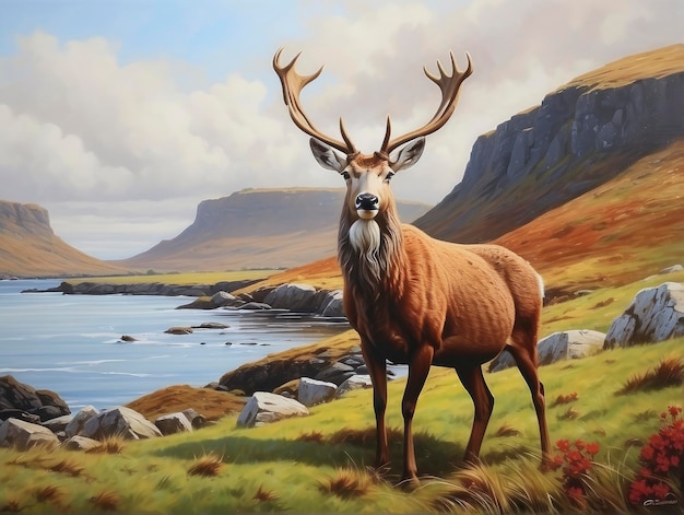 a painting of a deer standing on a hill by the water with a mountain in the background