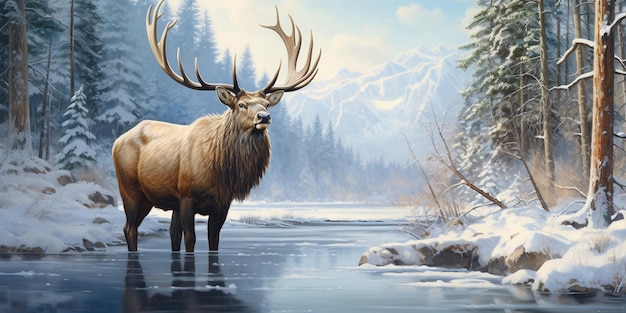 painting of a deer standing in a snowy forest by a river generative ai