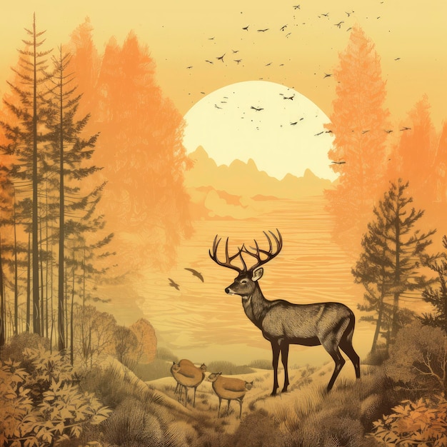 A painting of a deer and two ducks in a field.