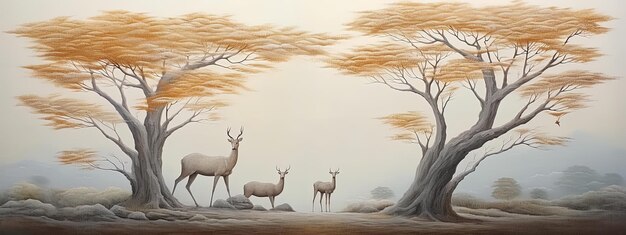 a painting of deer in the wild with trees in the background