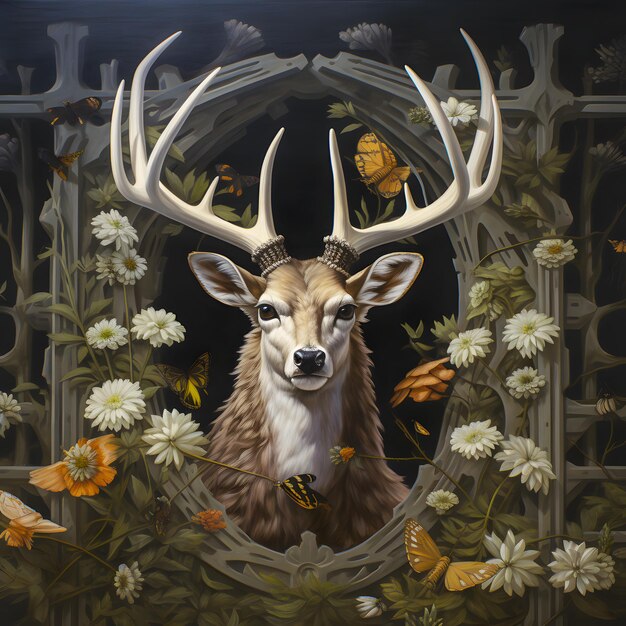 Картина оленя с рогами и бабочками в окне Генеративный ИИ