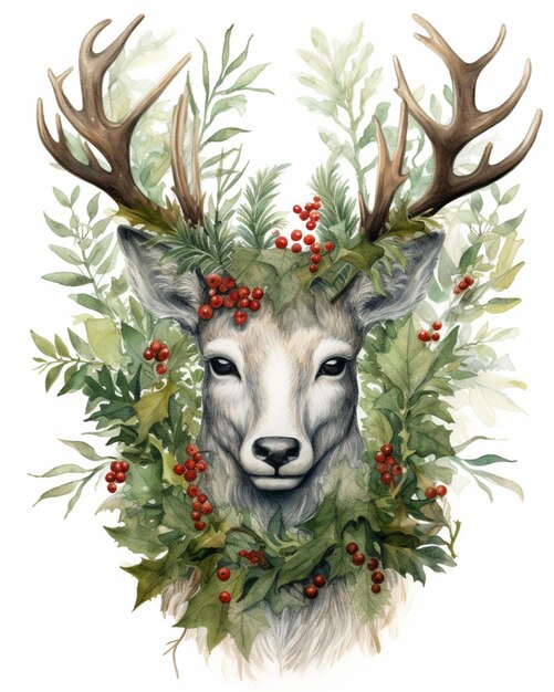 Photo a painting of a deer with antlers and holly leaves generative ai