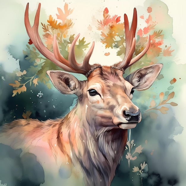 A painting of a deer with antlers and leaves on it