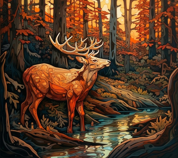 A painting of a deer with antlers in the woods