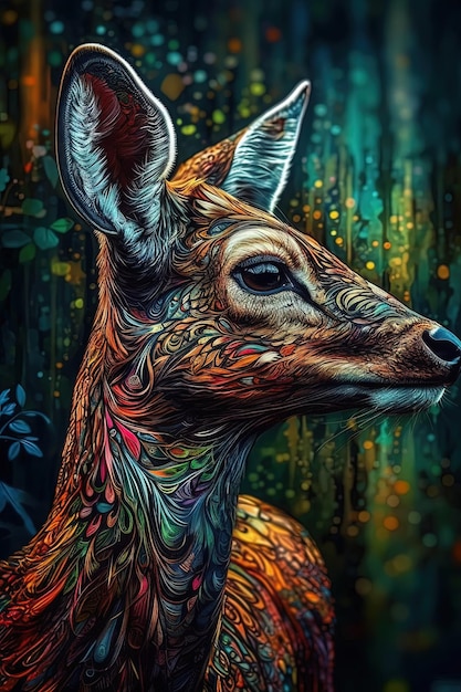 A painting of a deer with a blue background abstract design