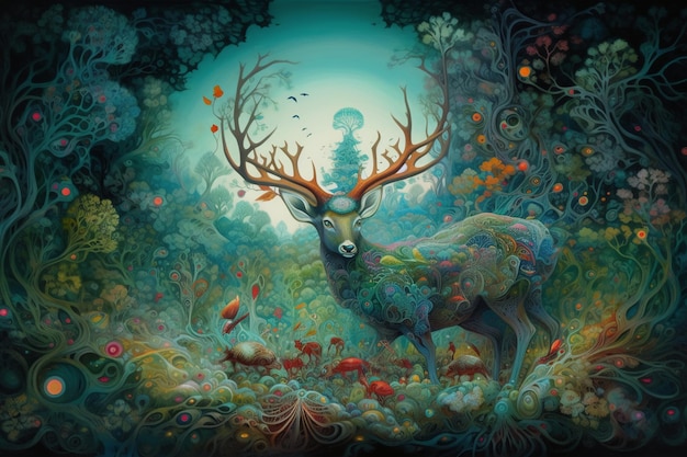 A painting of a deer with a blue background and the words'deer'on it