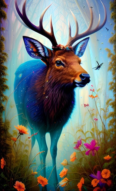 A painting of a deer with a blue head and horns.