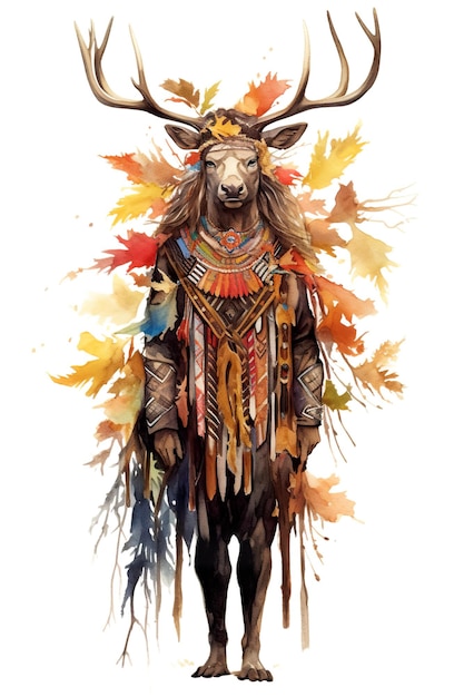 Картина оленя с перьями на голове, генеративное изображение ai