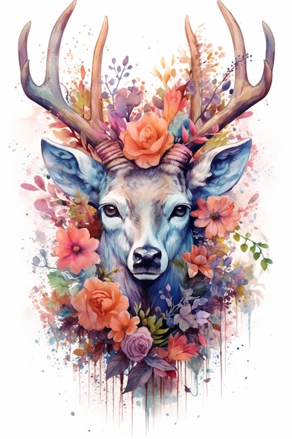 Картина оленя с цветами и рогами на голове, генеративный ИИ