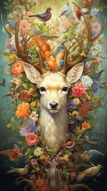 A painting of a deer with flowers and birds on it.