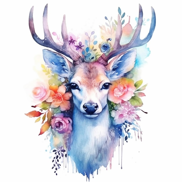 a painting of a deer with flowers on its head generative ai