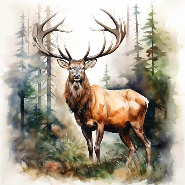 Painting of a deer with large horns standing in a forest generative ai