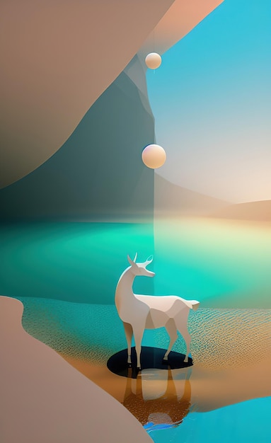 A painting of a deer with a mountain in the background.