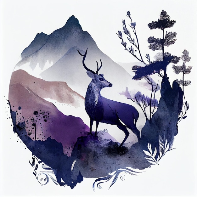 A painting of a deer with mountains in the background.