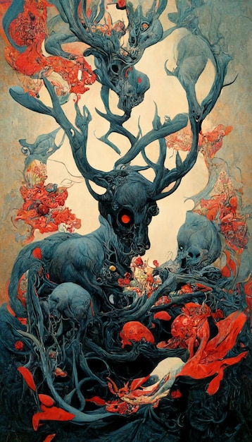 A painting of a deer with skulls and skulls.