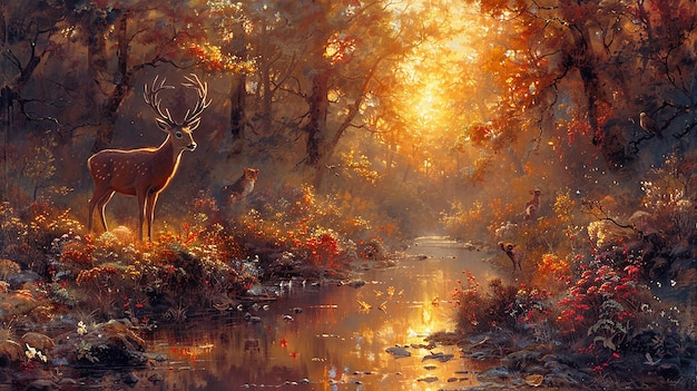 a painting of a deer with the sun shining through it