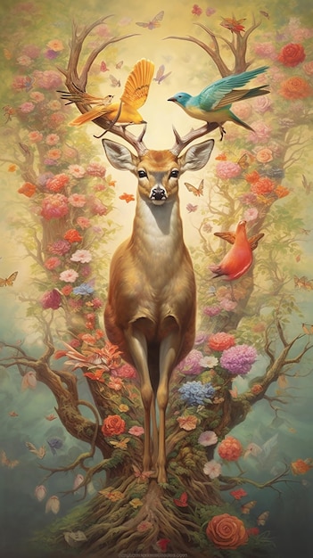 A painting of a deer with a tree on it