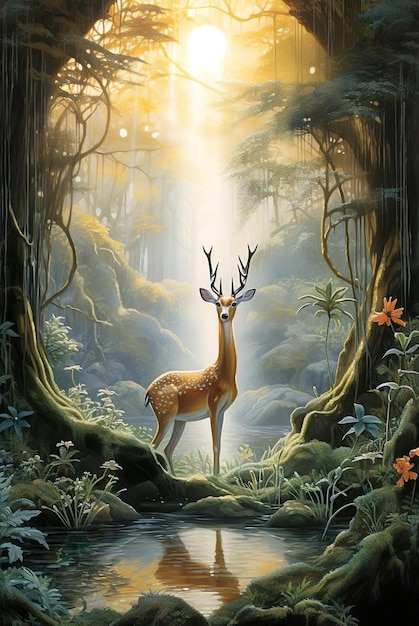 Painting of deer in the wood with shining light