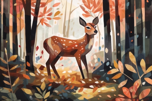 A painting of a deer in the woods with autumn leaves on the ground.