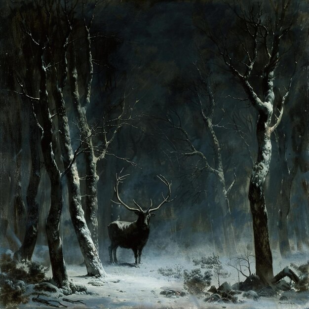 a painting of a deer in the woods with a snowy background