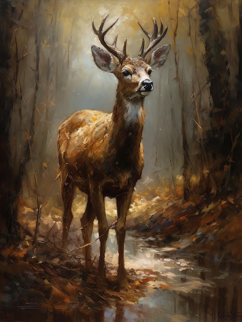 A painting of a deer in the woods