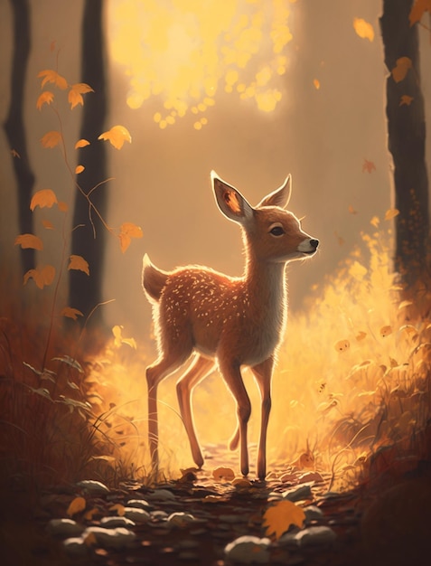 A painting of a deer in the woods