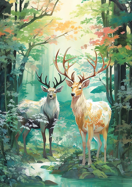 A painting of deers in the woods by person.