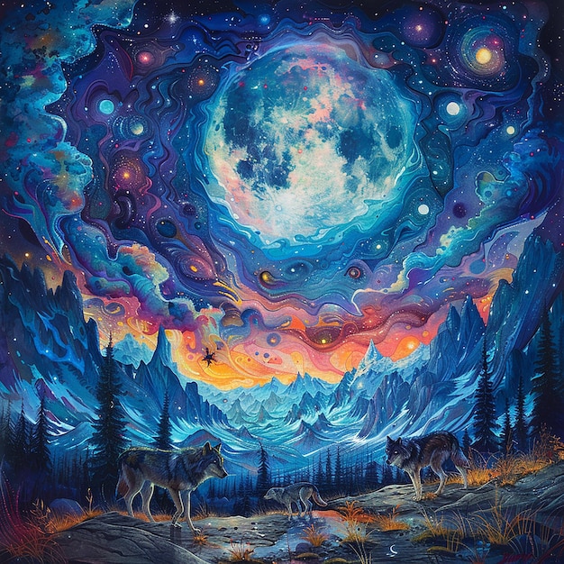 a painting of deers in the woods with the stars and deers