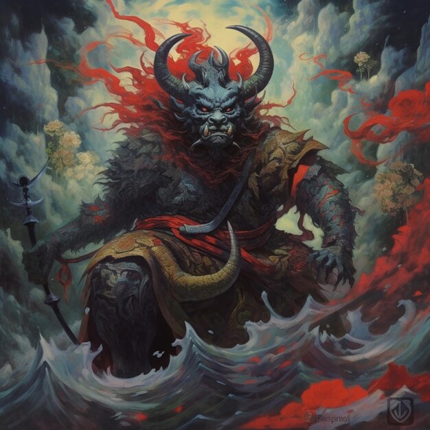 painting of a demon with a sword and a sword in his hand generative ai