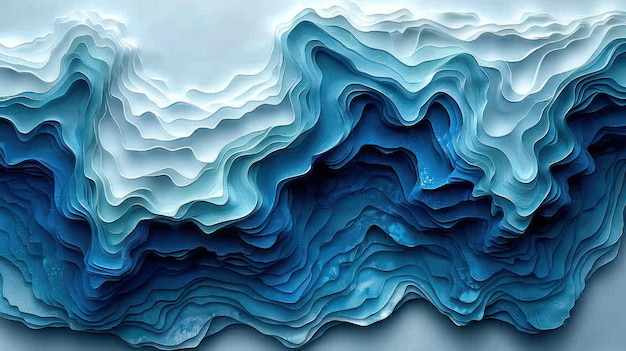 A painting depicting blue waves on a white wall