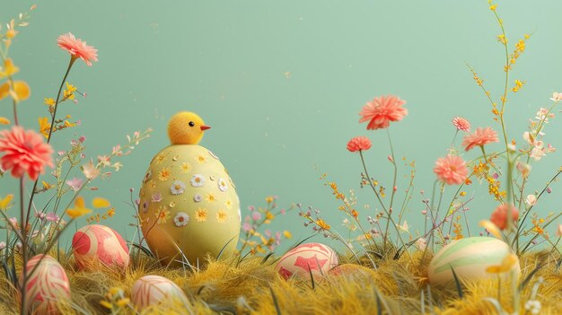 A painting depicting a chicken wandering through a vibrant field of colorful flowers on a sunny day