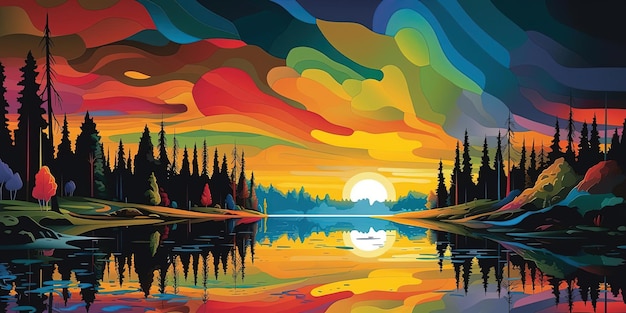 a painting depicting a colorful landscape of trees and lakes