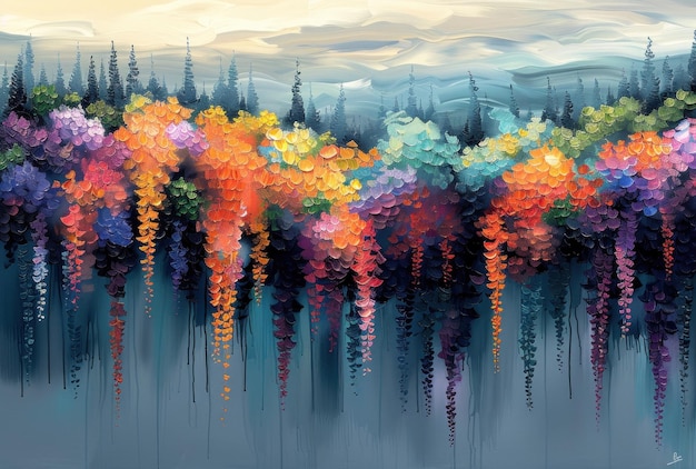 A painting depicting a dense forest bursting with a variety of colorful flowers in full bloom The sc