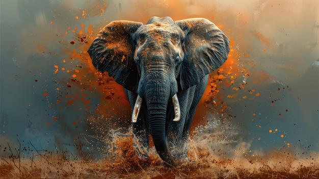 A painting depicting an elephant walking through a grassy field