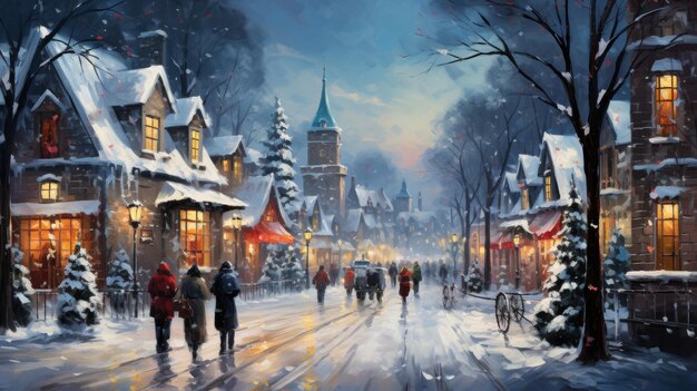 Photo a painting depicting a group of people walking down a snowcovered street on a cold winter day