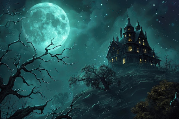 언덕 위에 있는 집을 묘사한 그림, 배경에는 보름달이 밝게 빛나는 집, 보름달에 비친 언덕 위의 반이는 유령의 저택, 인공지능이 생성한 그림.