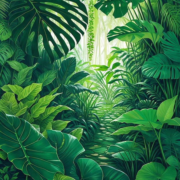 A painting depicting a jungle landscape with green plants and green leafy plants ai image generator