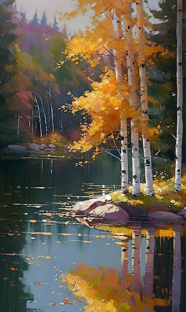 Painting depicting a lake surrounded by birch trees with yellow leaves in autumn AI generation